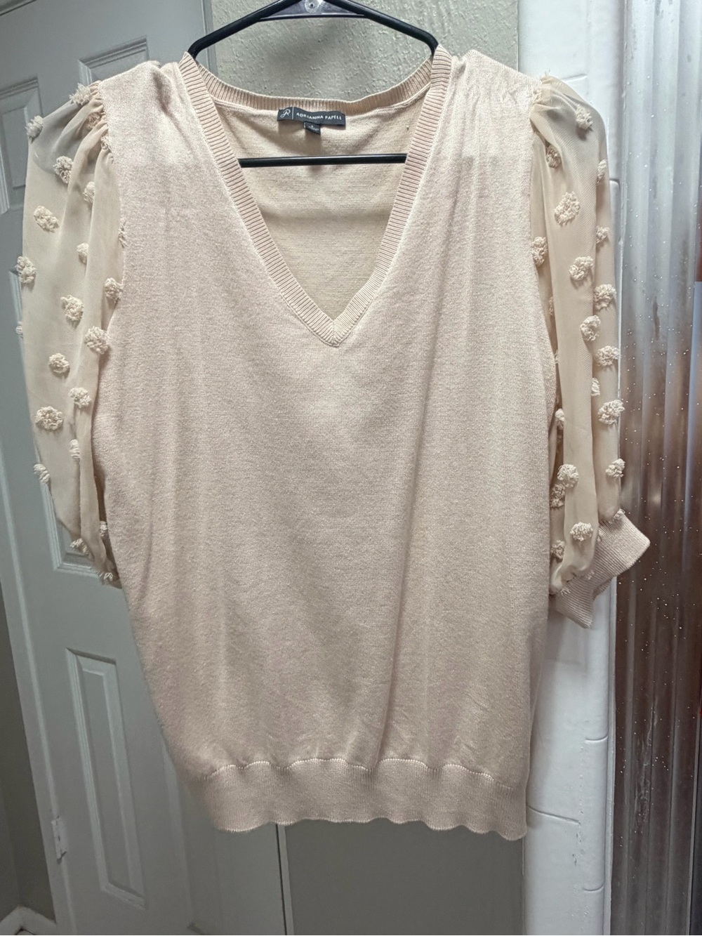 Adrianna Papell Cream V-Neck Sweater with Pom-Puff Sheer Sleeves
